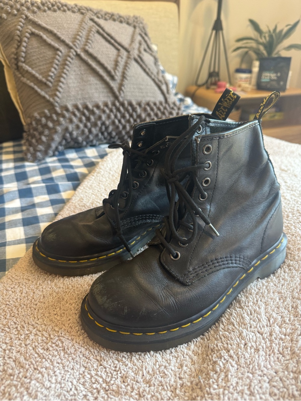 Doc Martens Black Leather Lace-Up Boots with Yellow Stitching size 6